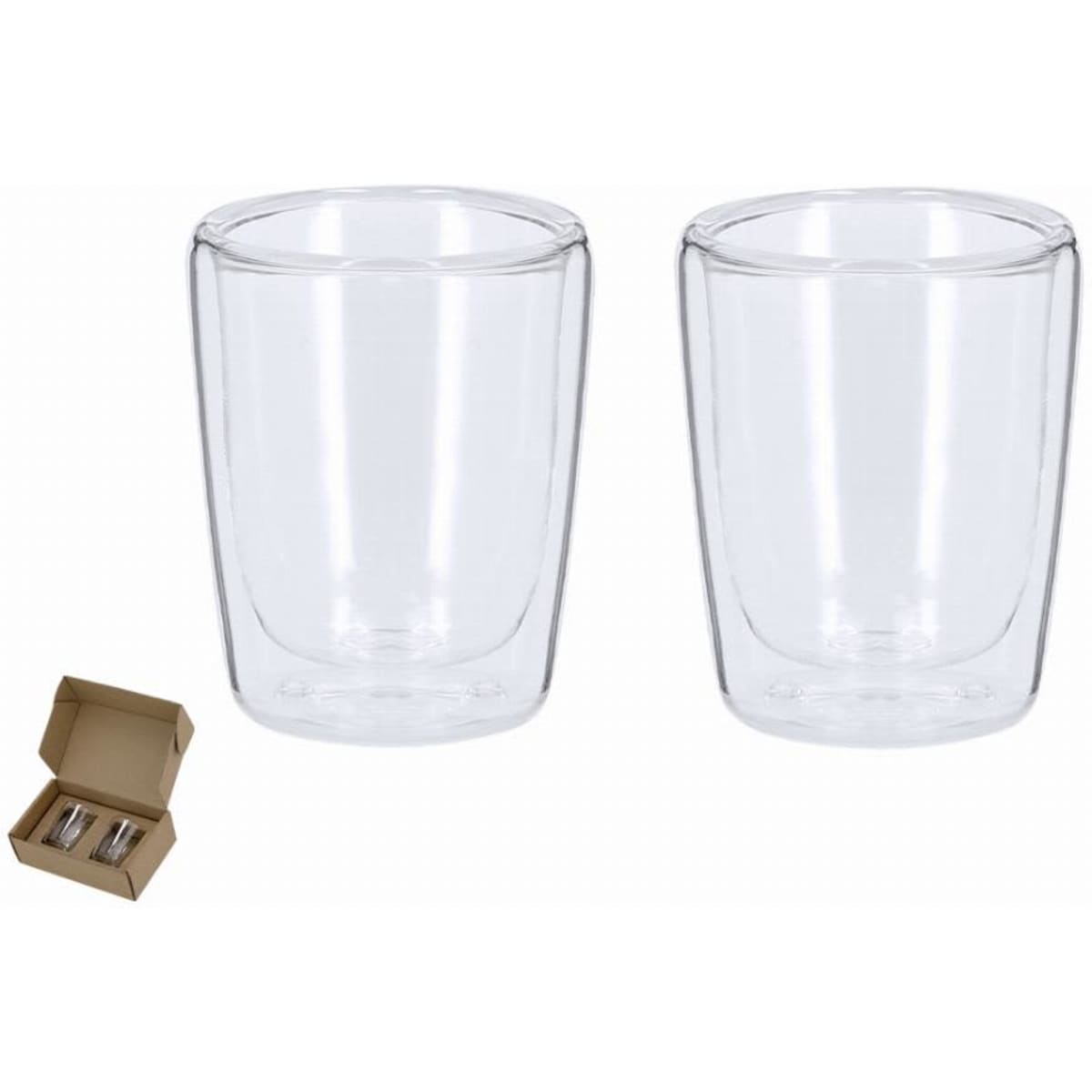 Two clear double-walled glass cups in a box. The cups are transparent, showcasing their sleek design.