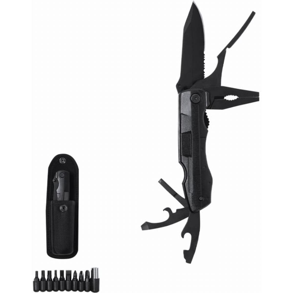 A multi-tool with a black knife, pliers, and various attachments, alongside a storage case and additional bits.