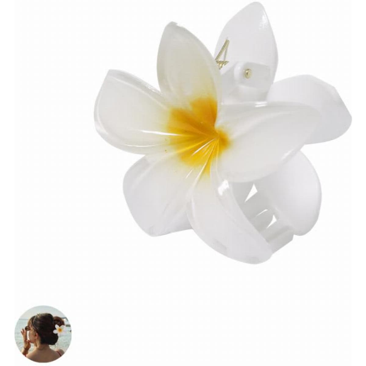 A hair clip shaped like a white plumeria flower with a yellow centre, featuring a logo.