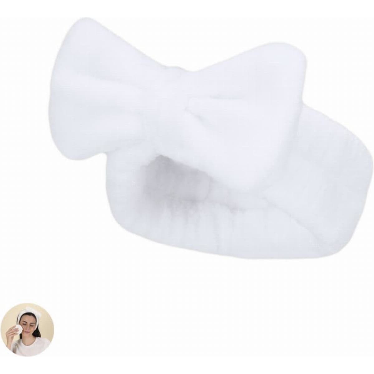 A white, fluffy headband with a bow design is displayed on a plain background.