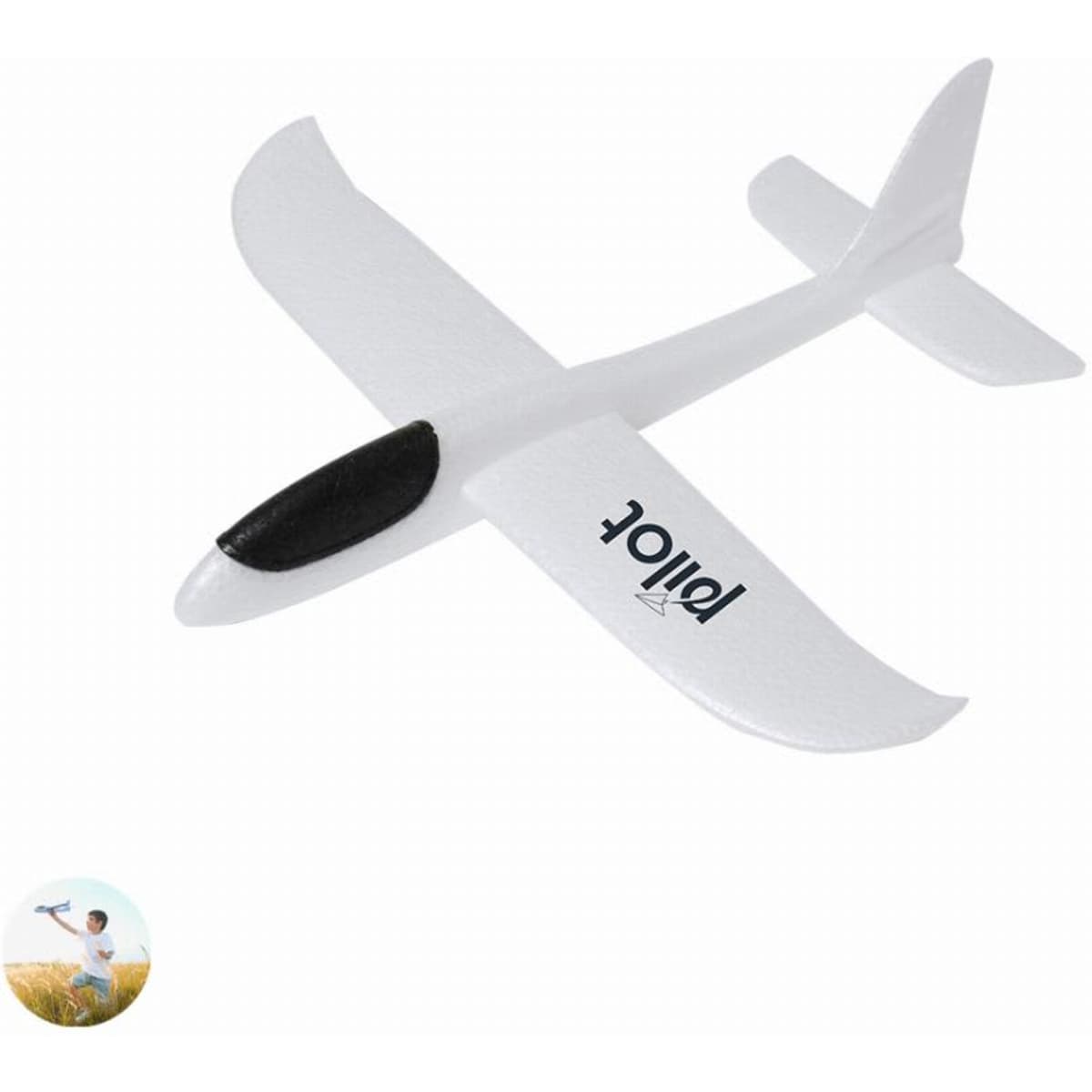 A toy airplane in white and black, featuring a logo on the body, designed for outdoor play.