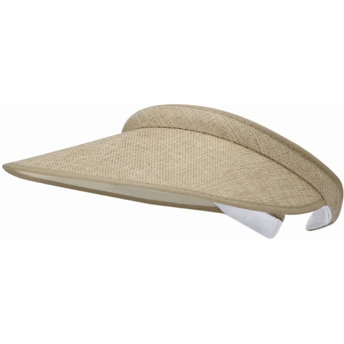 A sun visor in a light tan colour with a wide brim and a textured fabric design, featuring a logo on the band.