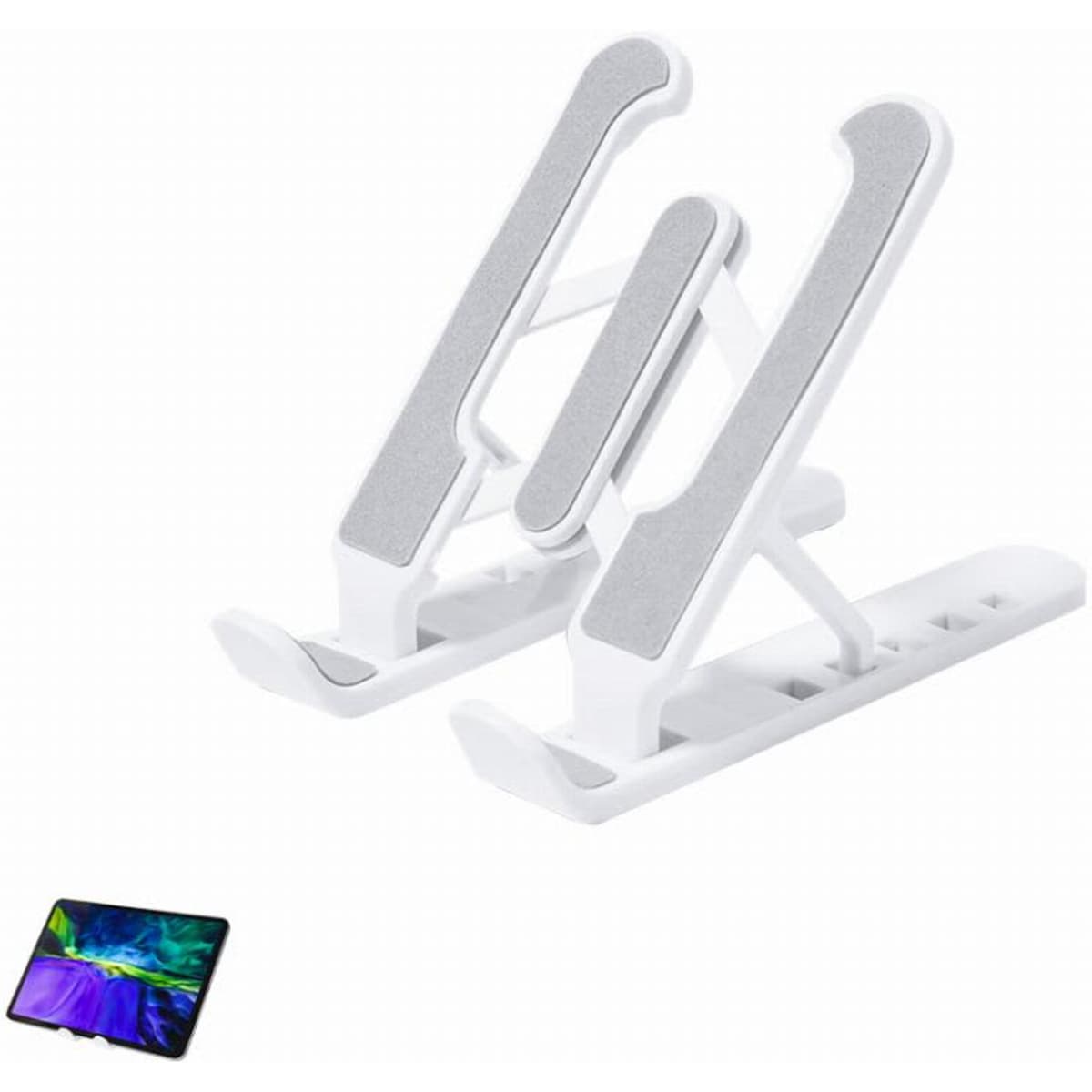 A tablet stand in white with grey accents, featuring an adjustable design for various viewing angles.