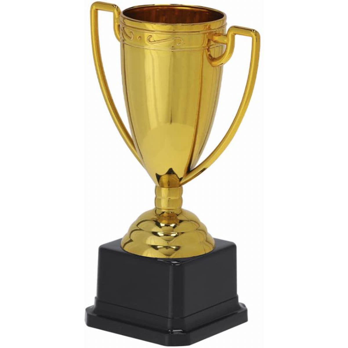 A gold trophy with handles on a black base, featuring an ornate design at the top.