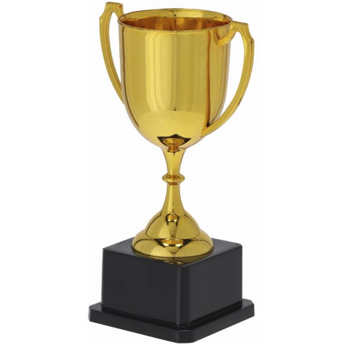 A gold trophy with handles resting on a black base, featuring a shiny finish.