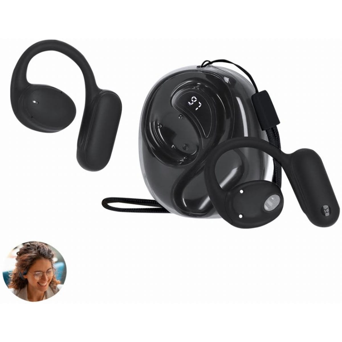 A pair of black wireless earphones with an ergonomic design and a charging case. The image features a logo on the case.