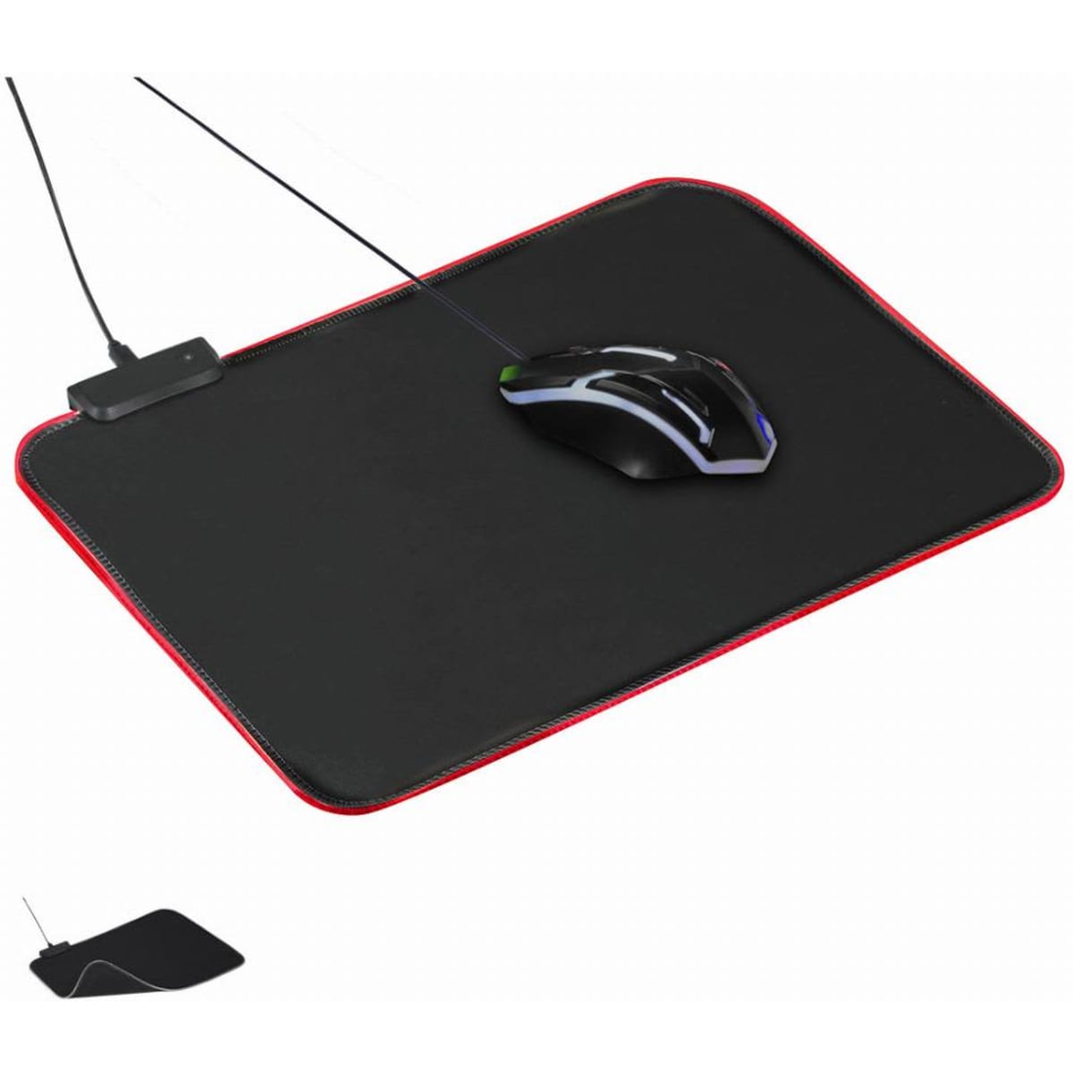 A black mouse pad with a red trim and a gaming mouse lying on top. The mouse features multicoloured lighting.