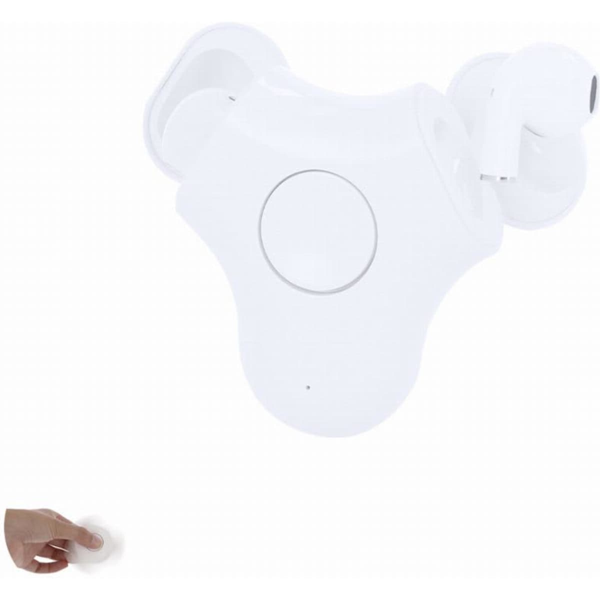 A pair of white wireless earbuds with a charging case, featuring a simple design and an associated hand pressing a button.