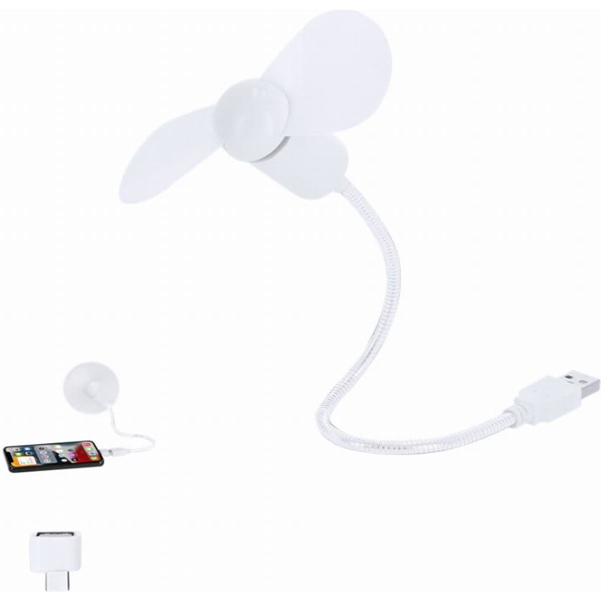 A portable USB fan with a flexible neck and white blades, connected to a USB adapter and a smartphone.