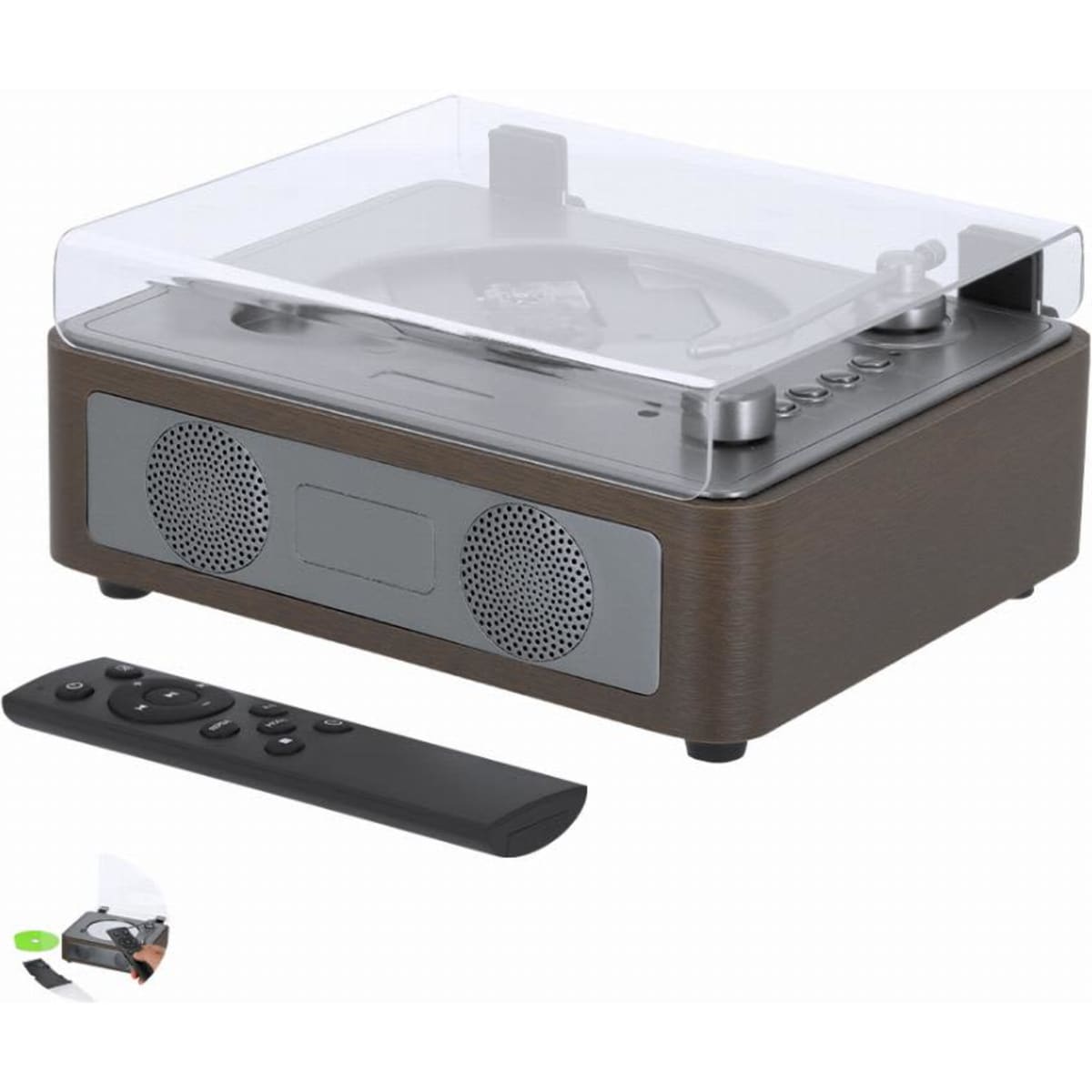 A turntable with a transparent dust cover, wooden finish, built-in speakers, and a remote control.