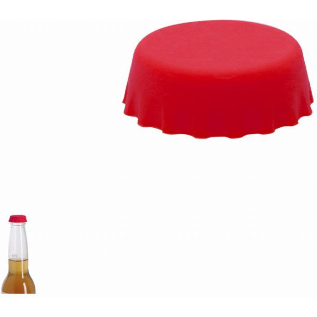 A drink bottle with a clear body and a red, scalloped cap. The bottle features a logo on the body.