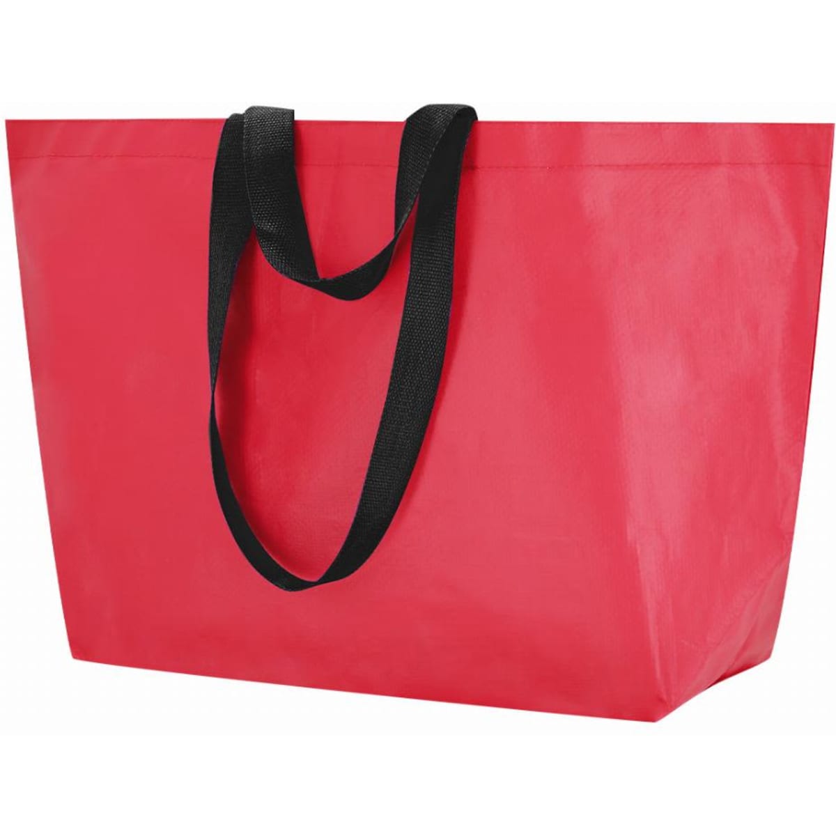 A large red tote bag with black handles, featuring a simple and functional design.
