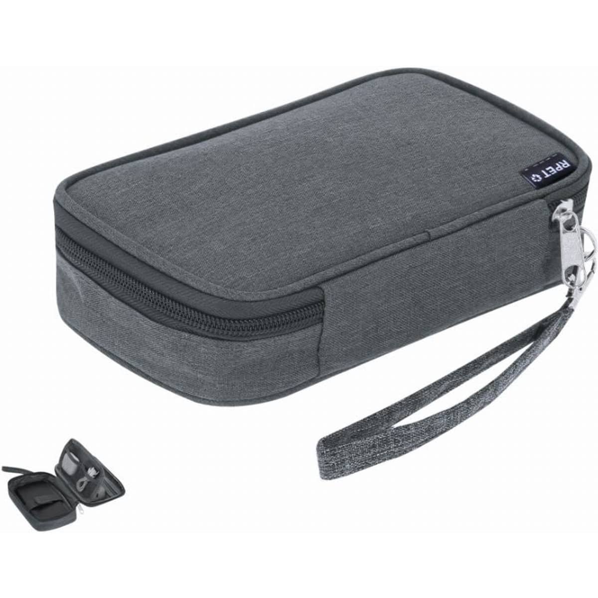A grey travel pouch with a zip closure and a wrist strap, accompanied by a small pair of wireless earbuds.