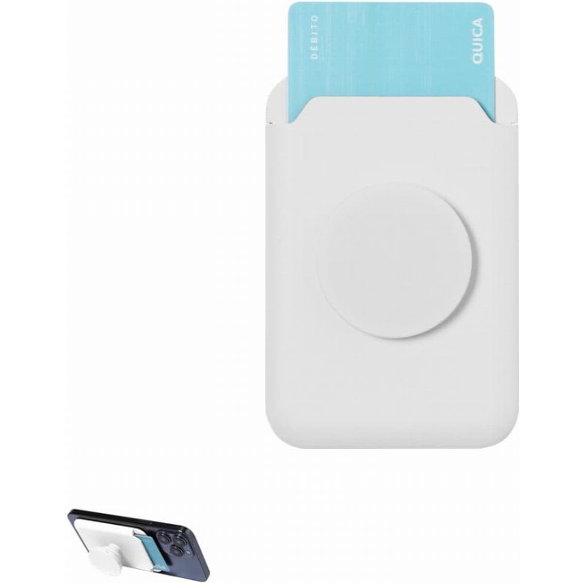 A white card holder stand with a blue card partially inserted, designed to attach to smartphones.