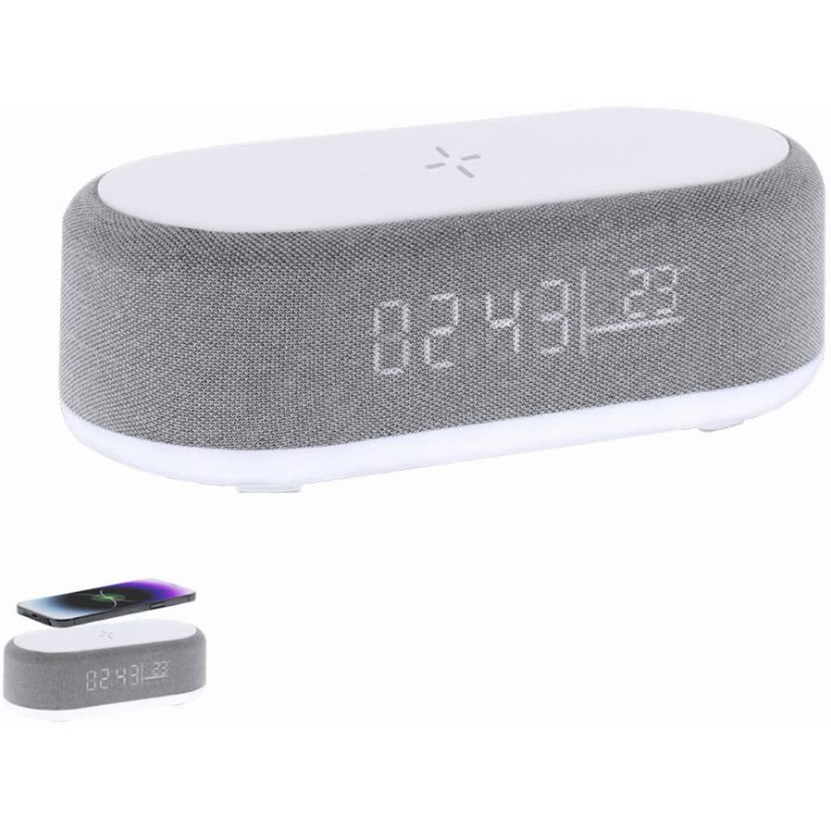 A grey and white wireless speaker with a digital clock display and a phone charging section on top.