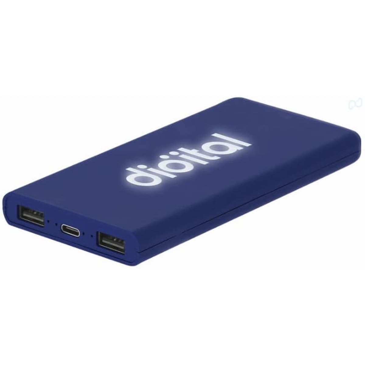 A blue portable power bank with multiple USB ports and a logo on the surface.