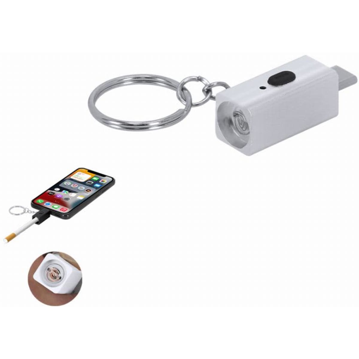 A keychain light with a white body, featuring a small flashlight and a USB connector.