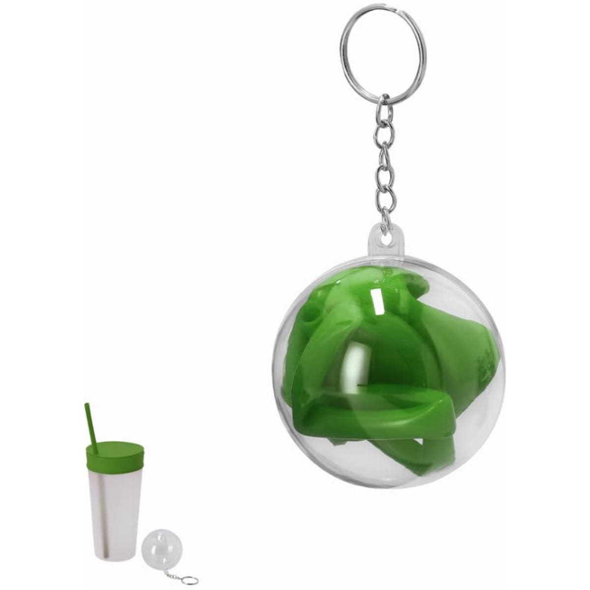 A drink bottle in a clear bubble design with a green lid and green straw, featuring a keychain attachment.