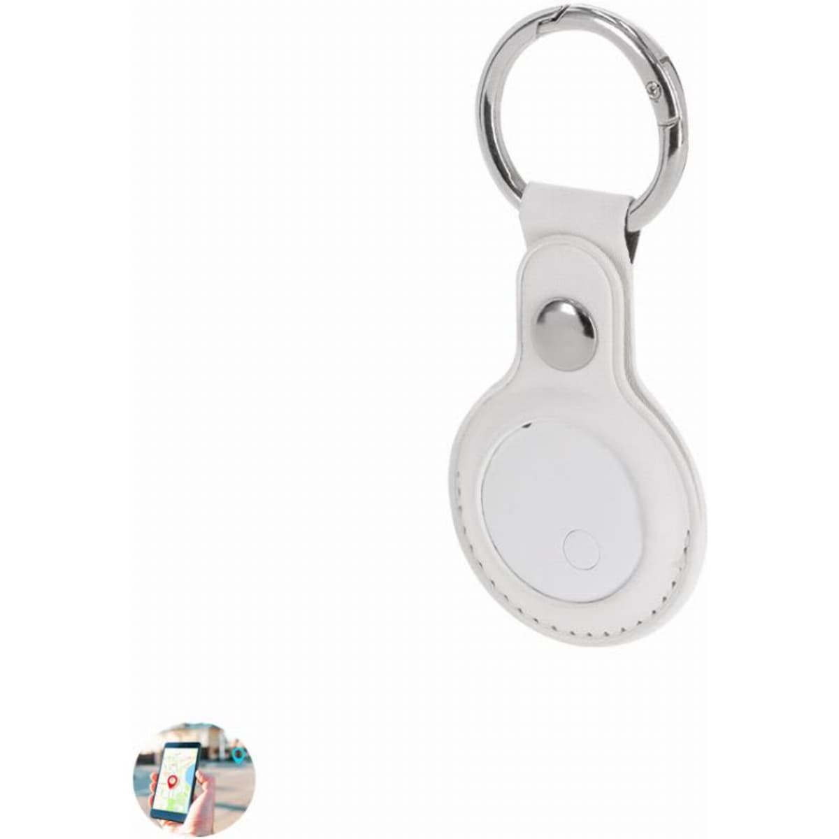 A findable keyring tracker in white, featuring a metal keyring attachment and a minimalist design.