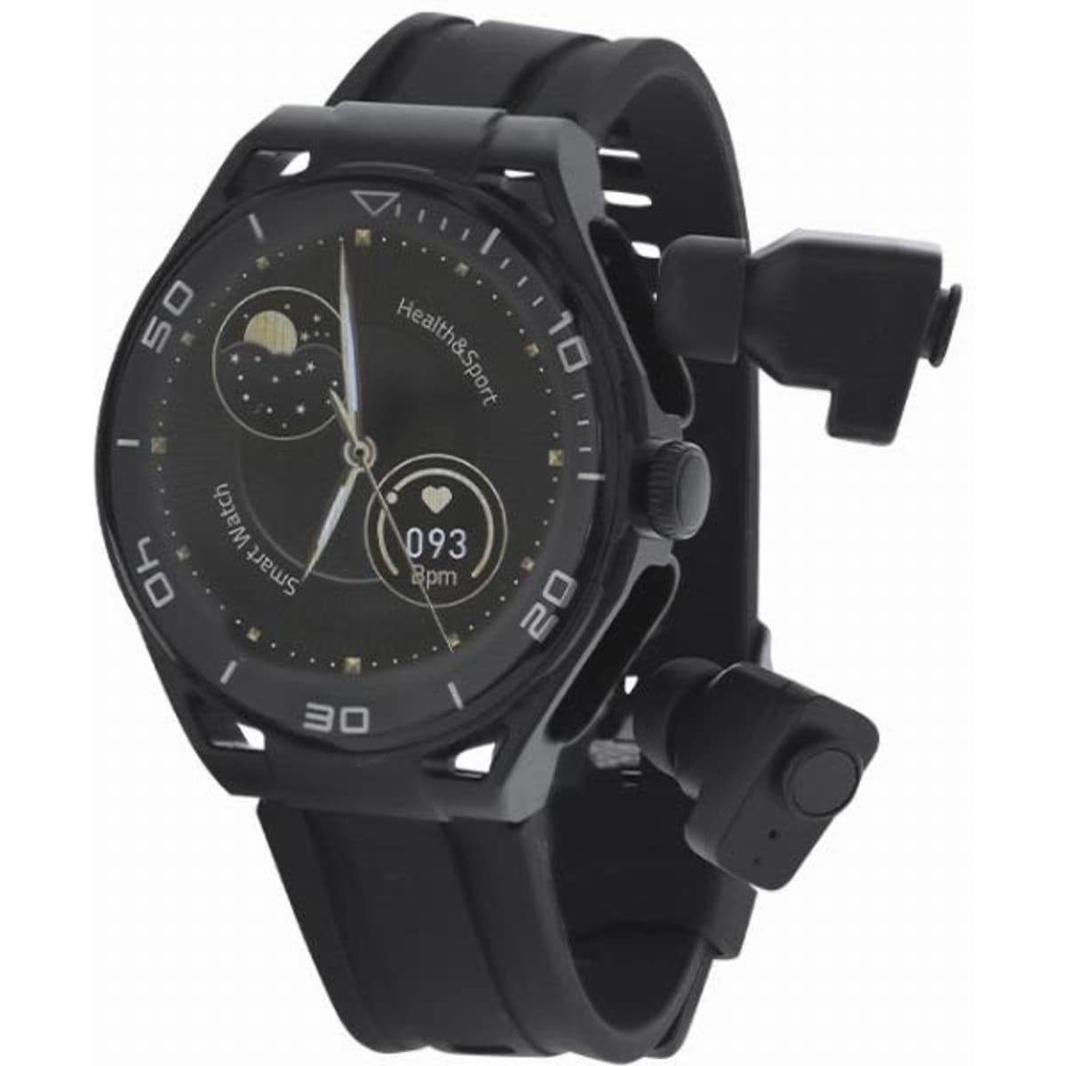 A black fitness watch with a circular face, sport band, and heart rate monitor features. It has a logo on the watch face.
