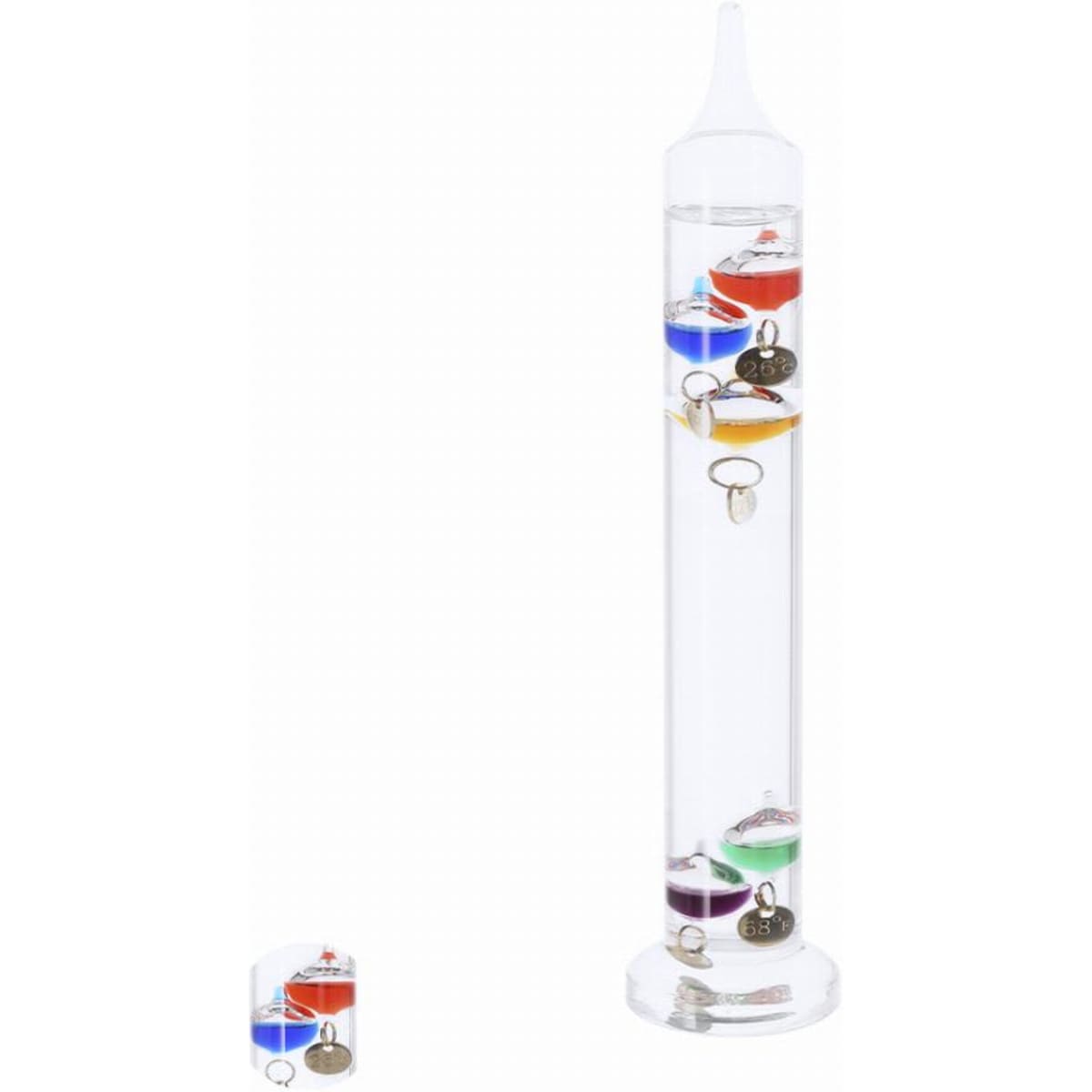 A Galileo thermometer in a clear glass tube with colourful floating glass spheres. It's mounted on a circular base.