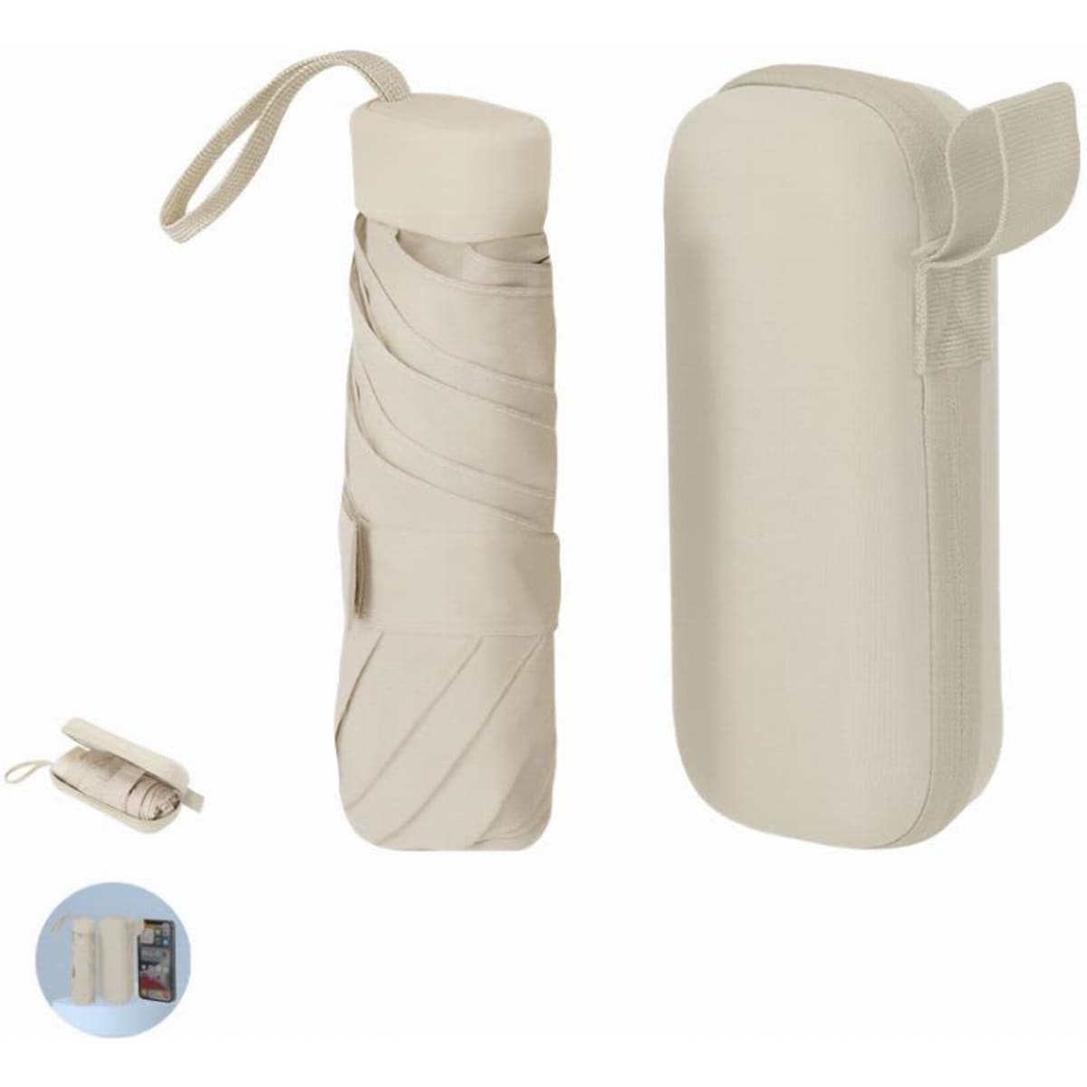 A drink bottle in a light beige colour with a matching case, featuring a strap for easy carrying.