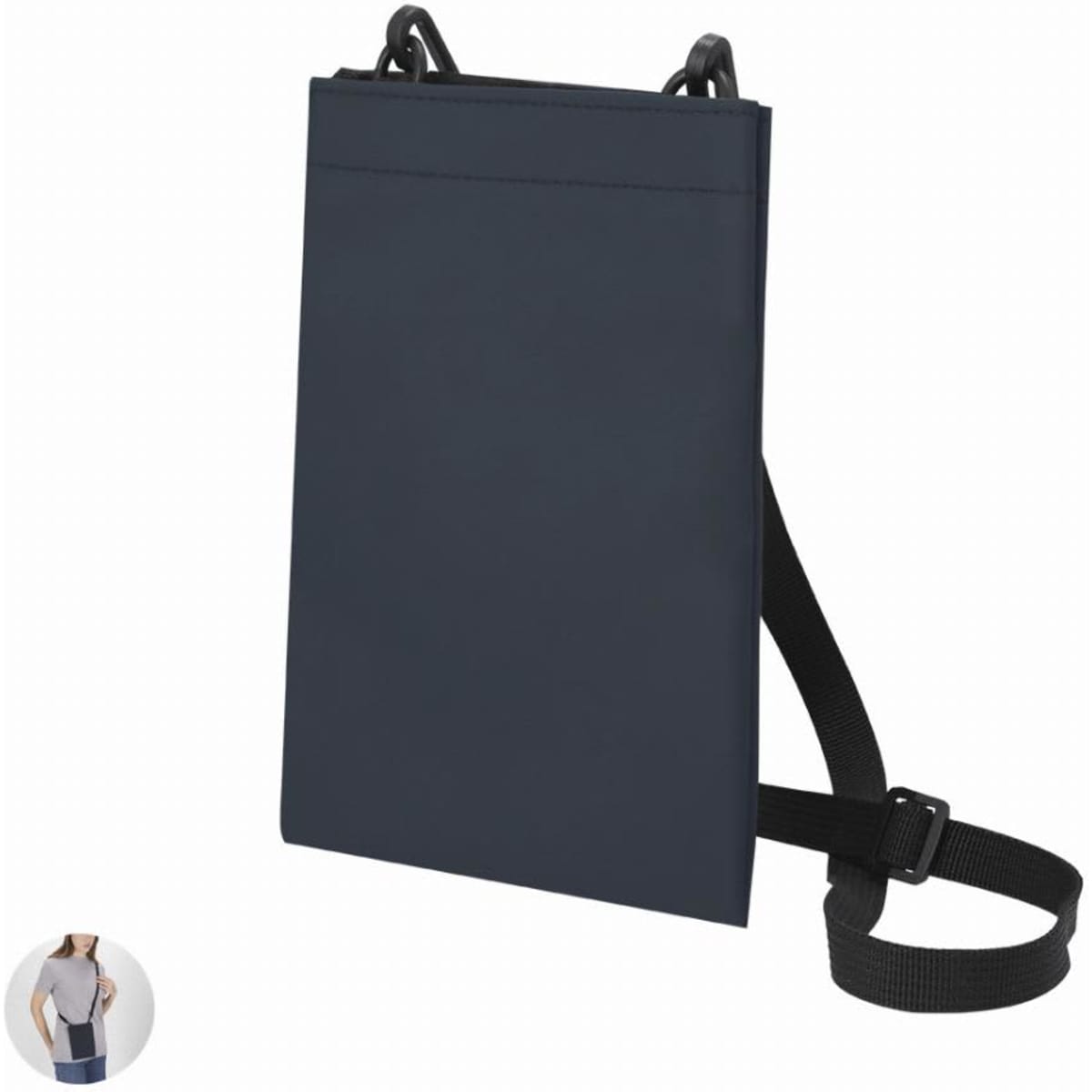 A navy promotional bag with adjustable straps and a simple design, featuring a front pocket and a branding logo.