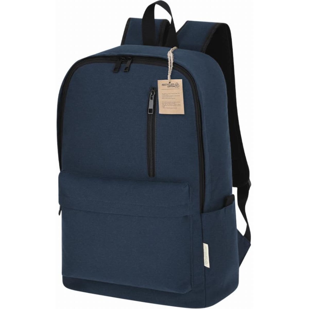 A navy blue backpack with a main zip compartment, front pocket, and adjustable shoulder straps. It features a branding tag.