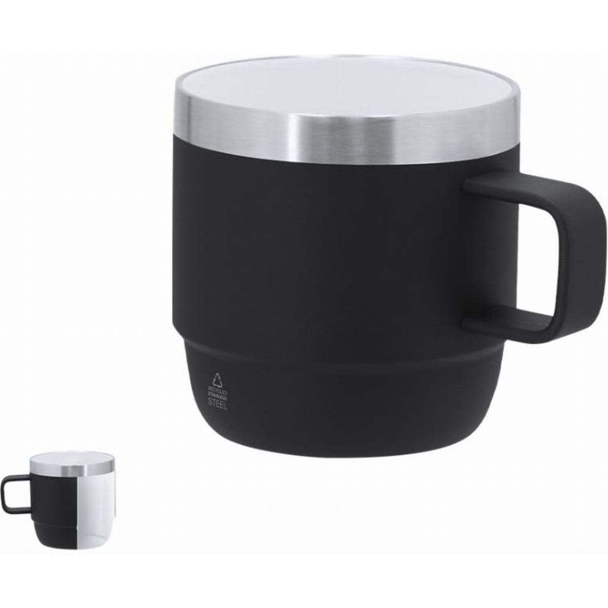 A drink bottle featuring a black body, silver lid, and a sturdy handle, with a branding logo on the side.