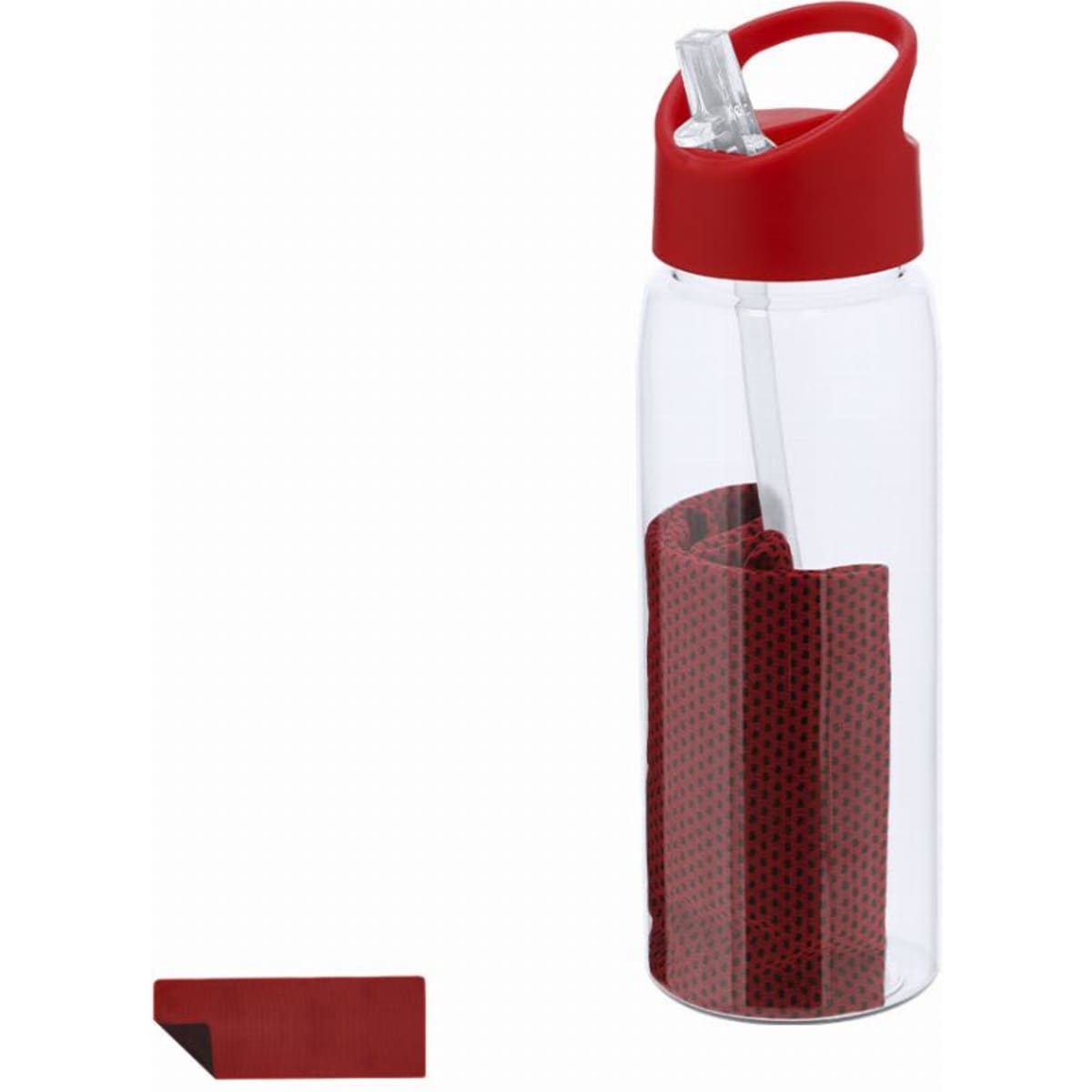 A drink bottle with a transparent body and a red lid, featuring a built-in straw and a red textured sleeve.