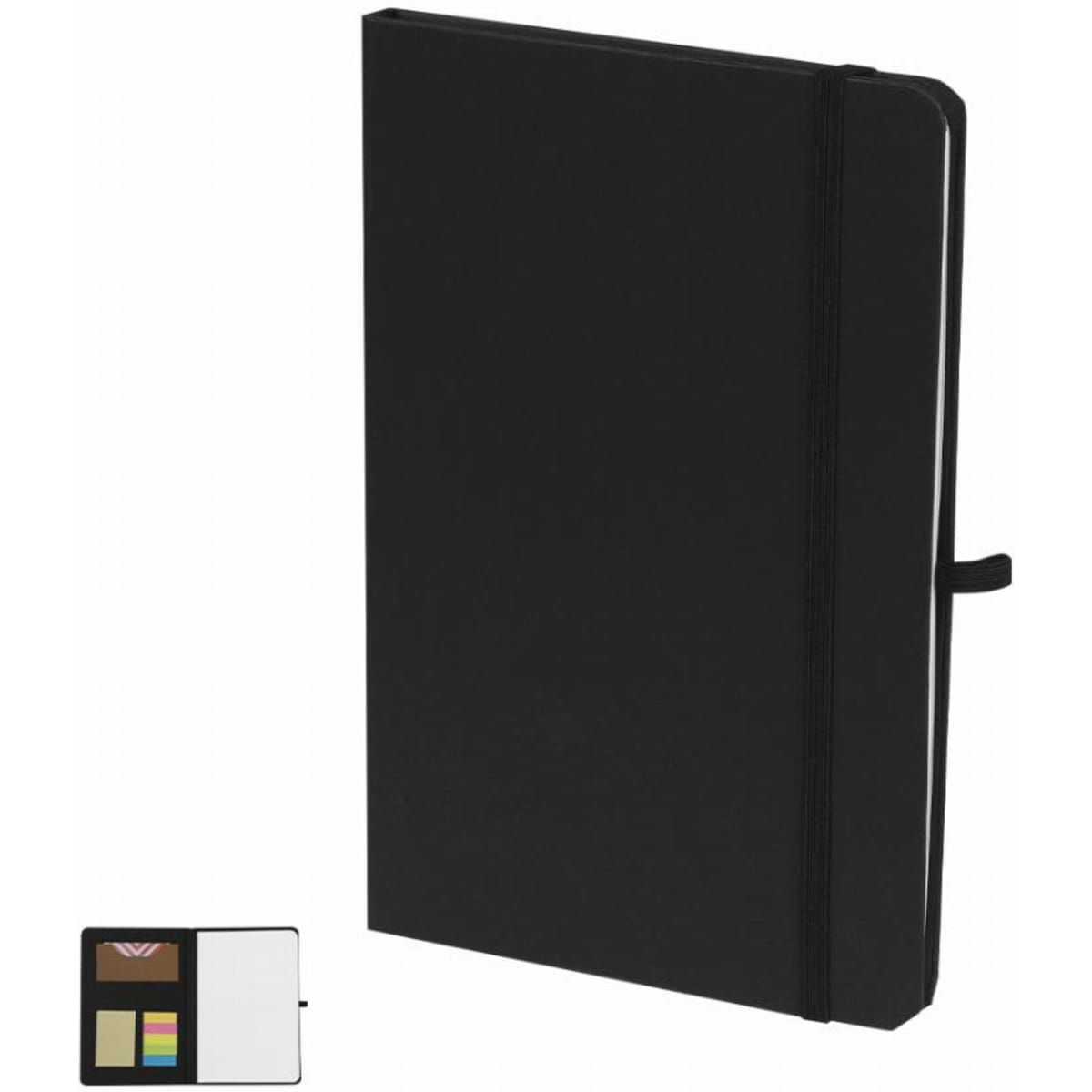 A black notebook with an elastic band and a small section for sticky notes. It features a logo on the cover.