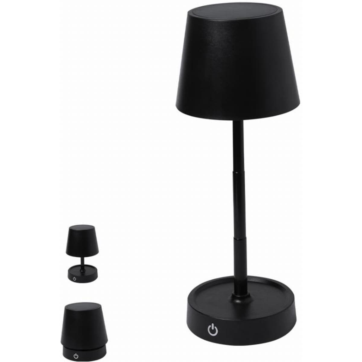 A black table lamp with a lampshade, featuring a round base and a power button, in multiple sizes.