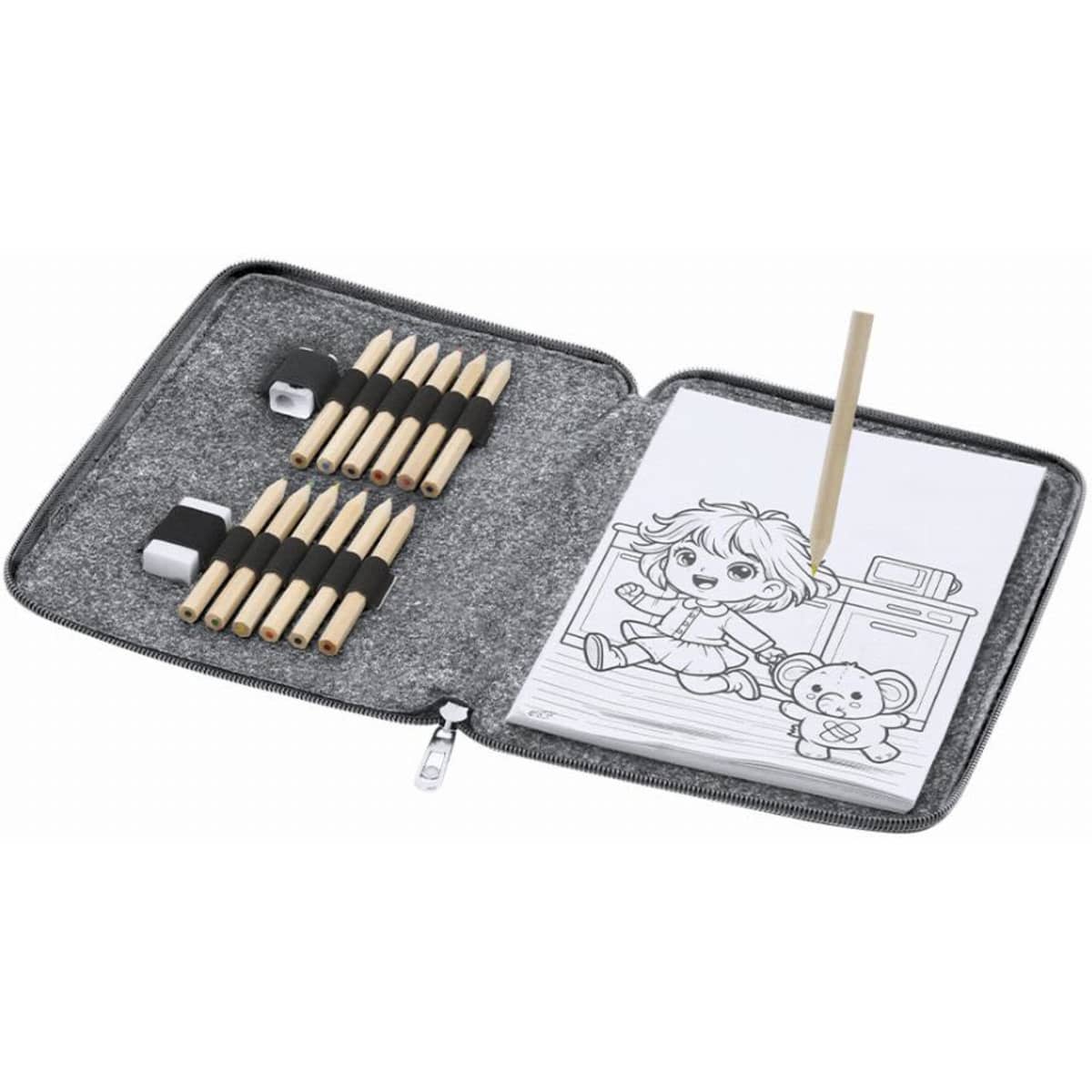 A colouring set featuring coloured pencils, a drawing pad, and a zippered grey case.