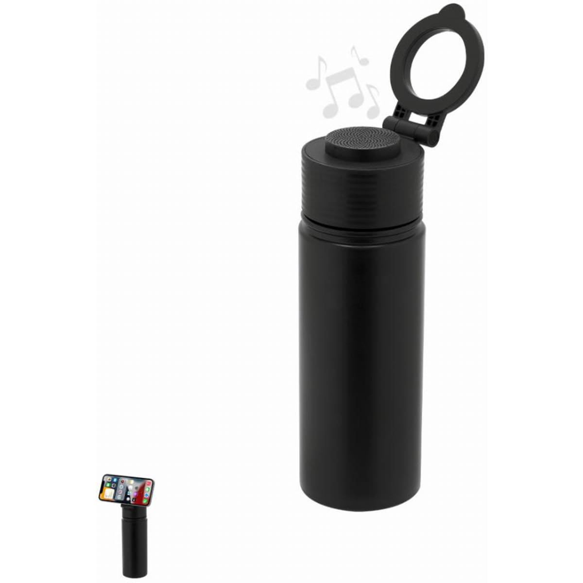 A drink bottle in black with a speaker cap, featuring a simple design and a logo on its surface.