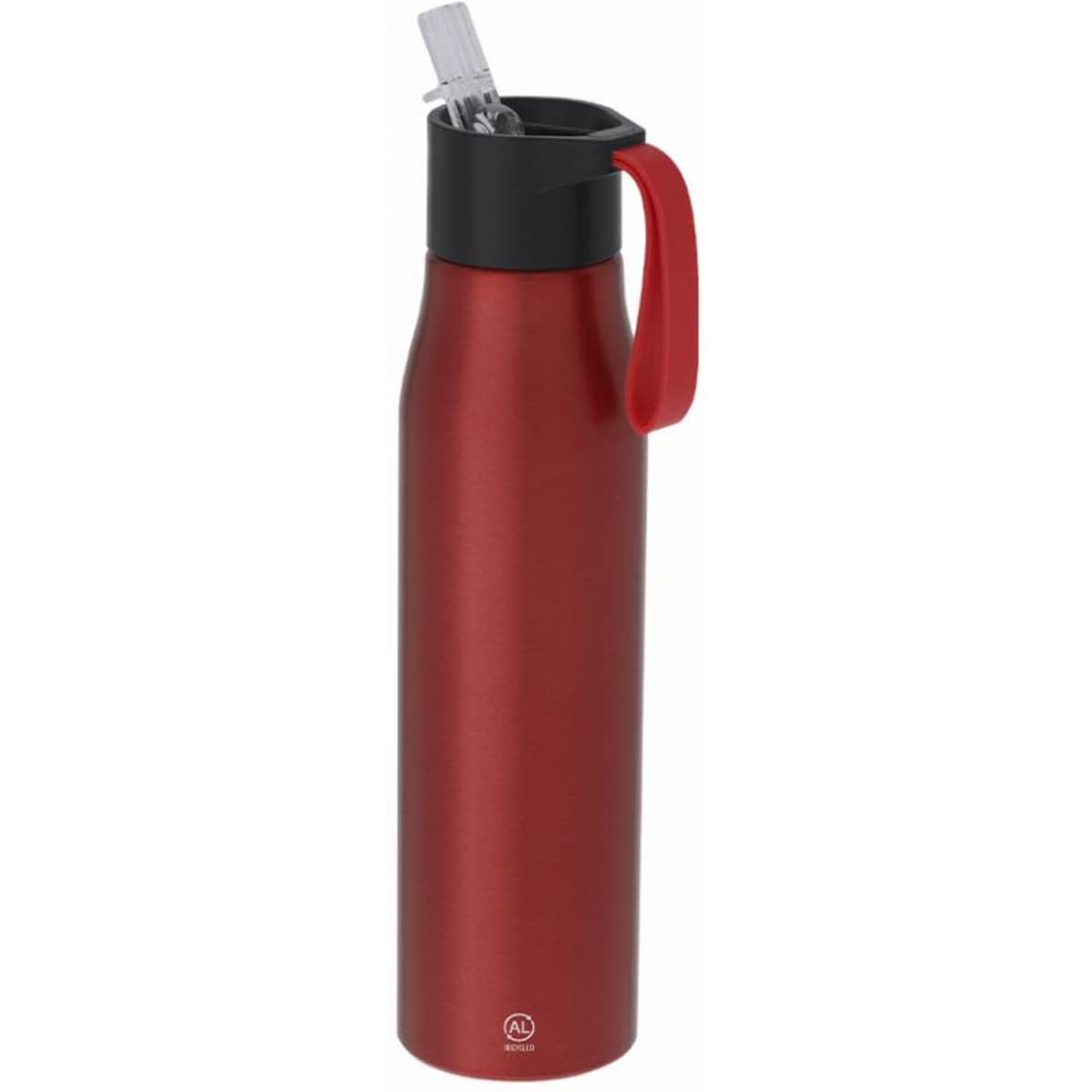 A drink bottle in a vibrant red colour with a black lid and a clear straw. It features a branding logo.