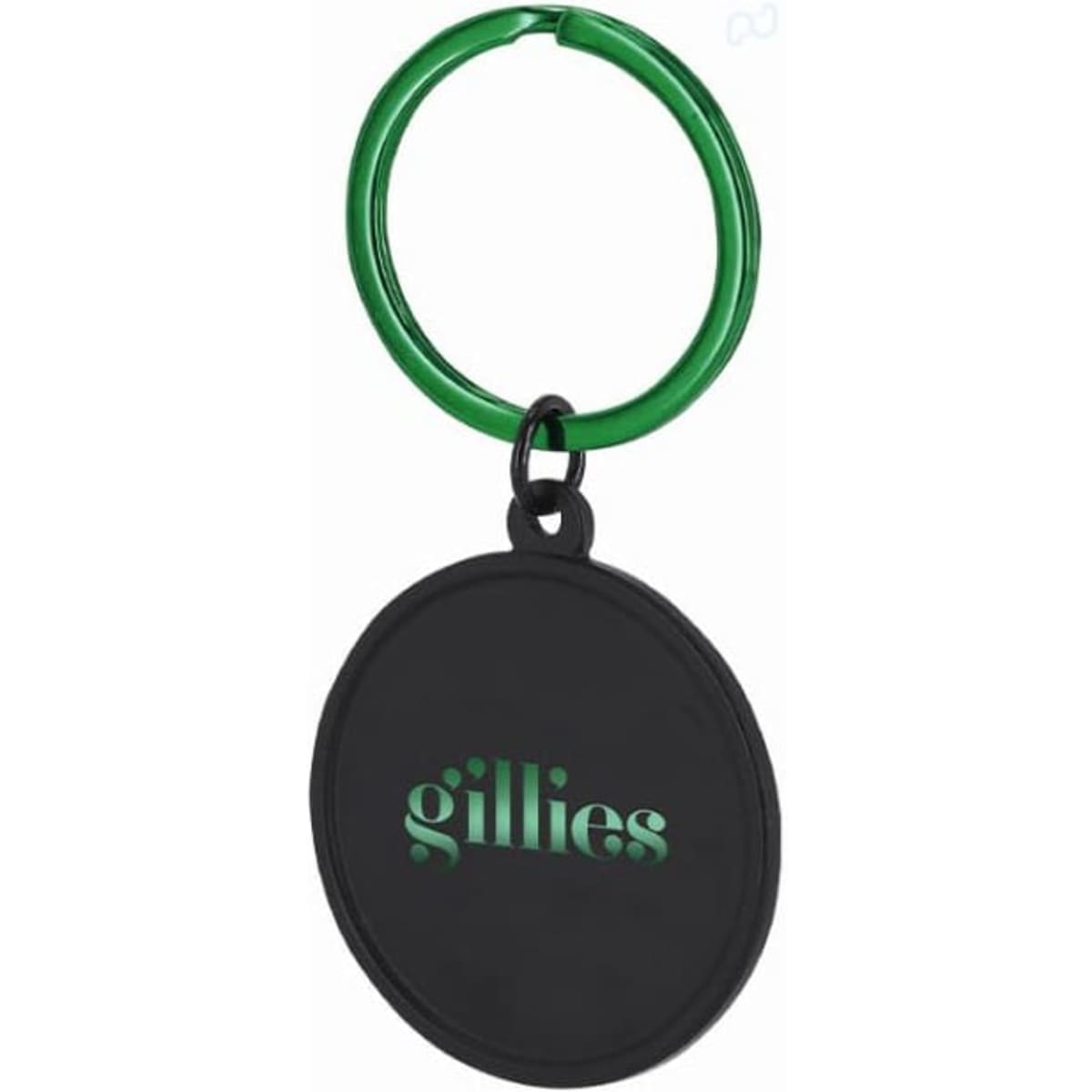 A keyring featuring a black circular disc and a green metal loop, with a logo on the disc.