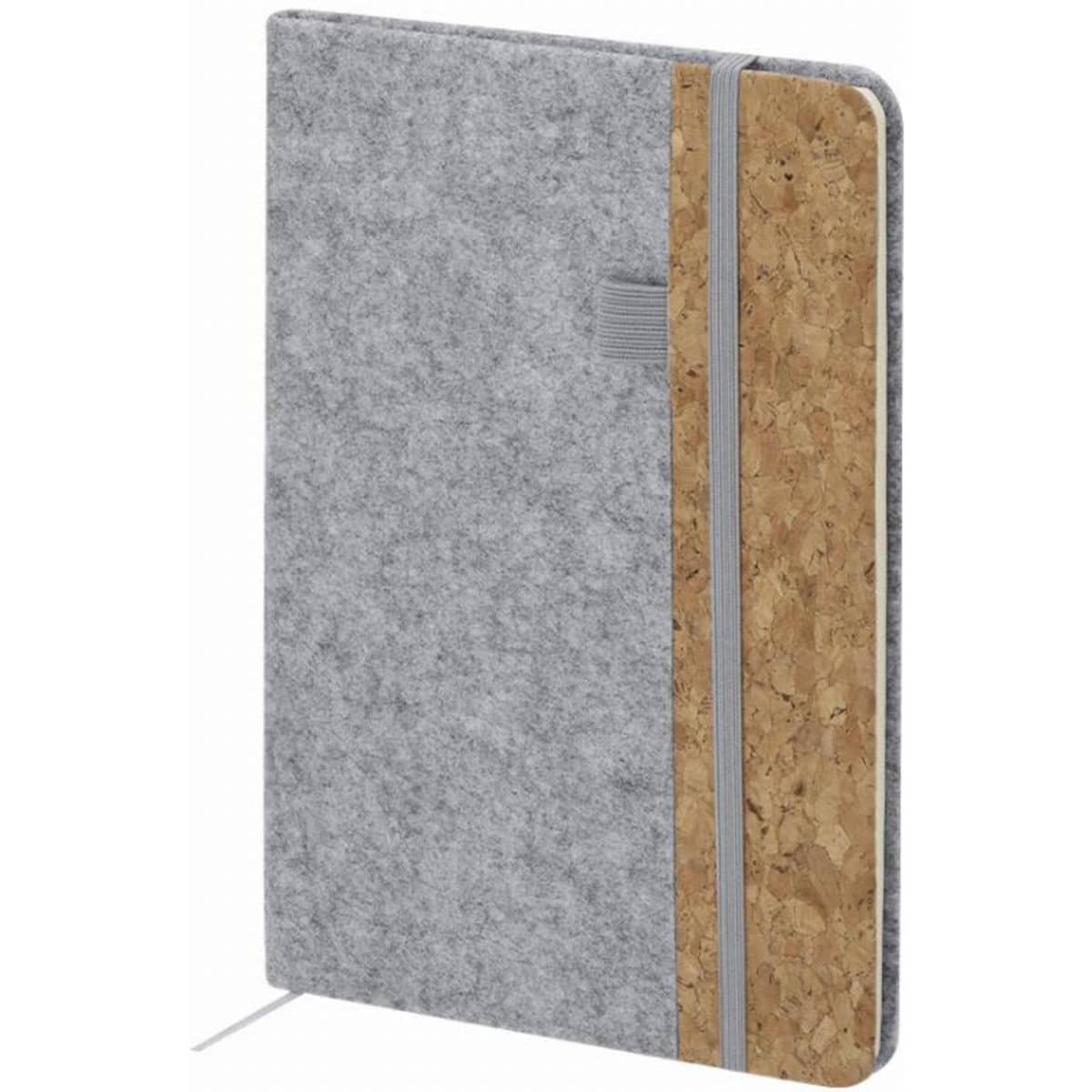 A grey notebook with a cork strip and an elastic band closure, featuring a logo on the cover.
