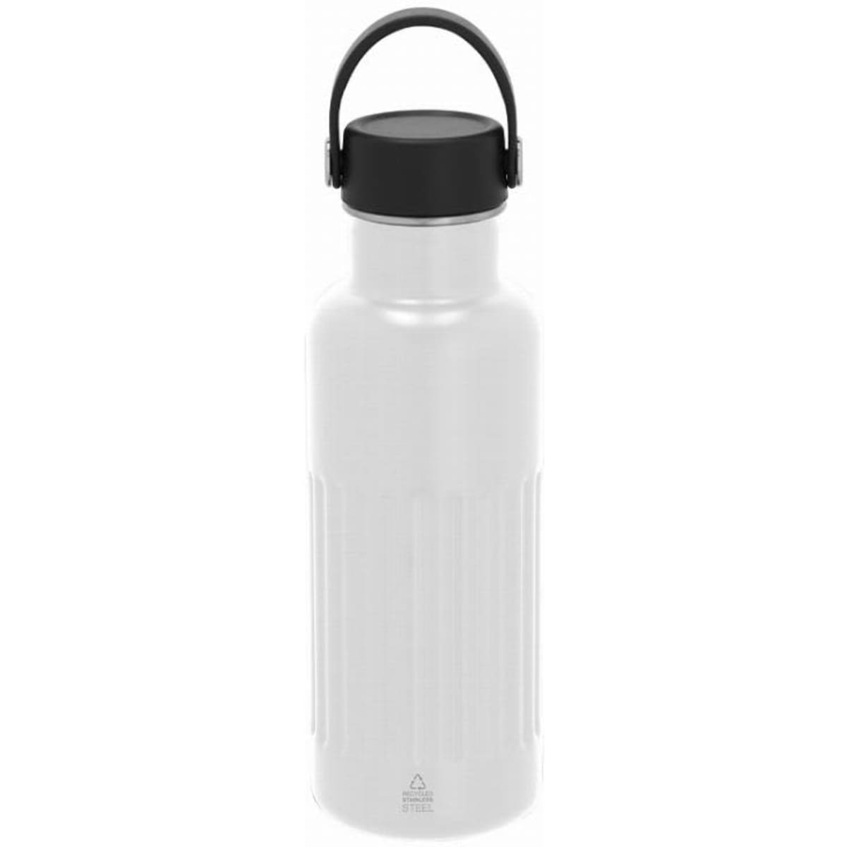 A drink bottle in white with a black lid and a handle, featuring a textured design.