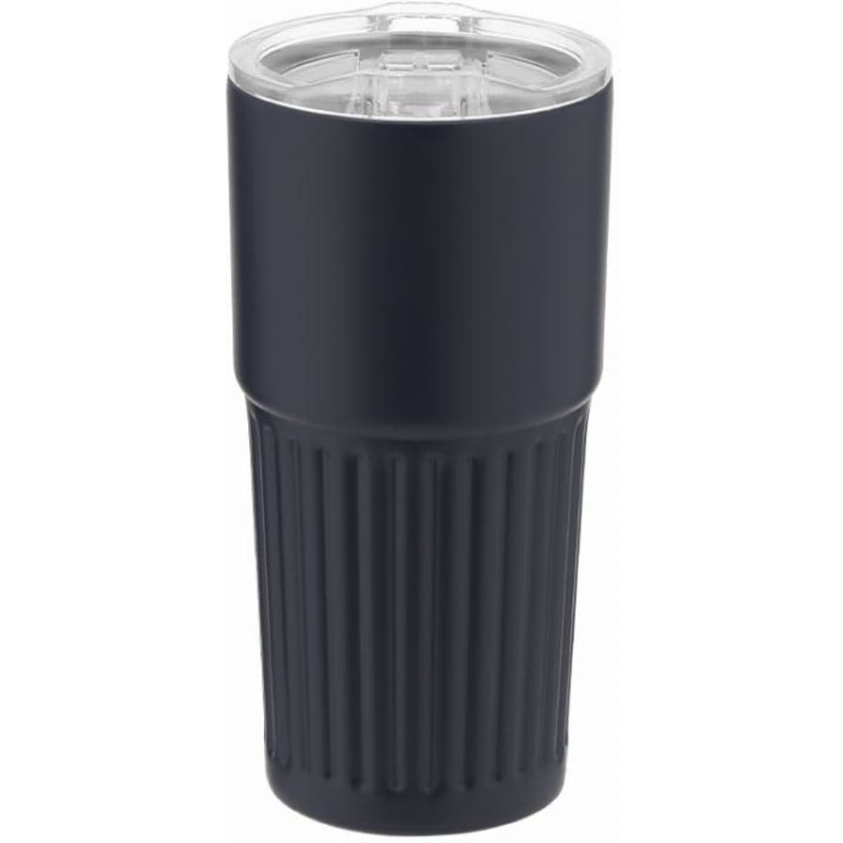 A drink bottle in matte navy blue with ribbed design and a clear flip-top lid. Features a logo on the surface.