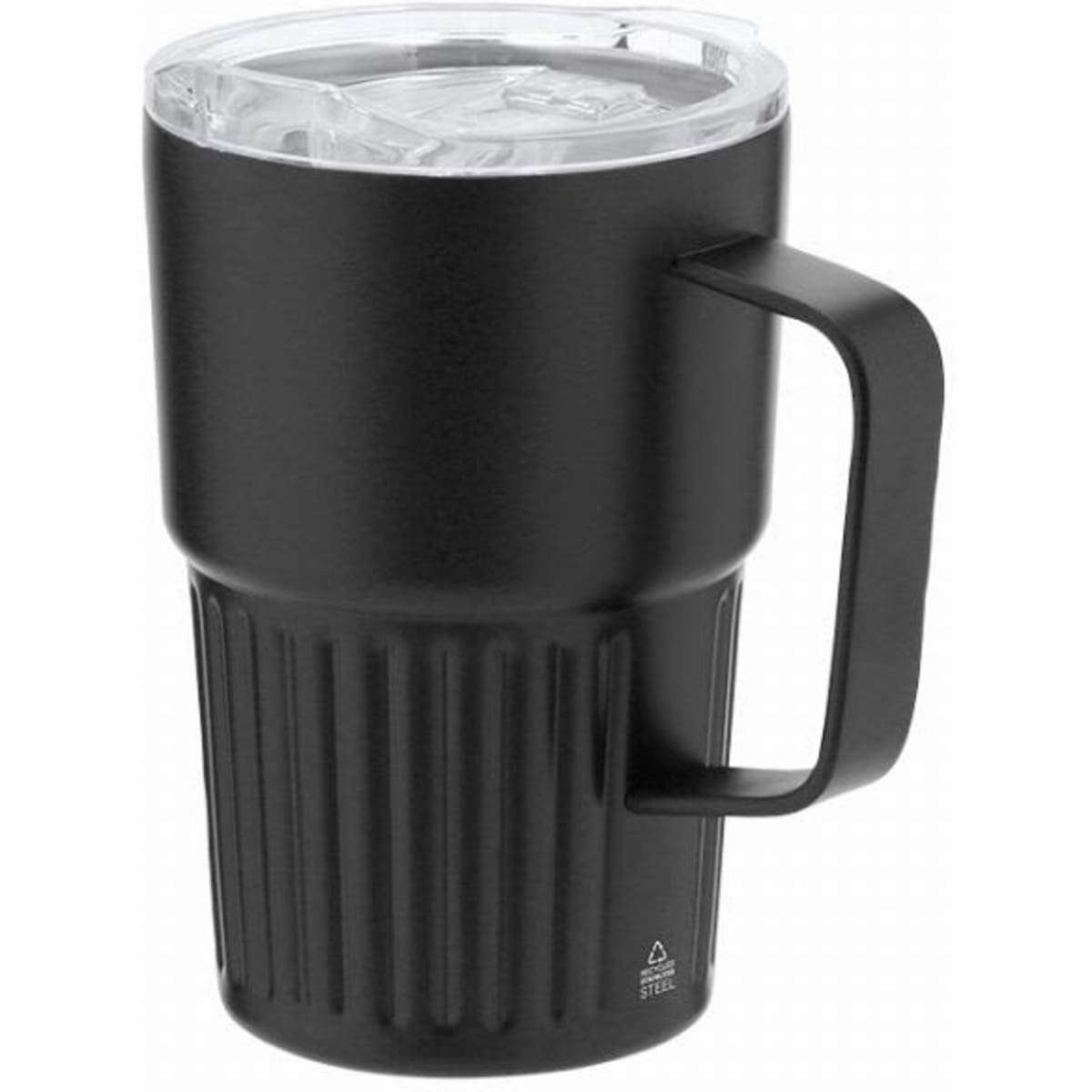 A drink bottle in matte black with a ribbed design and a transparent lid. It has a sturdy handle.