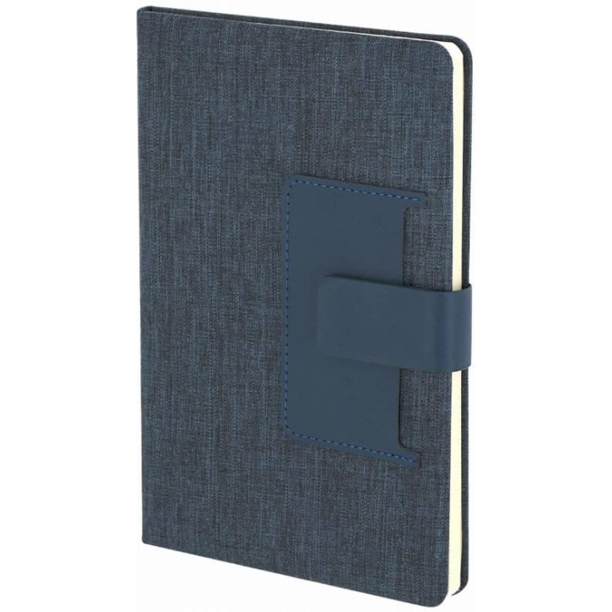 A notebook with a textured dark blue cover and a magnetic closure. It has a simple design and an elastic band.