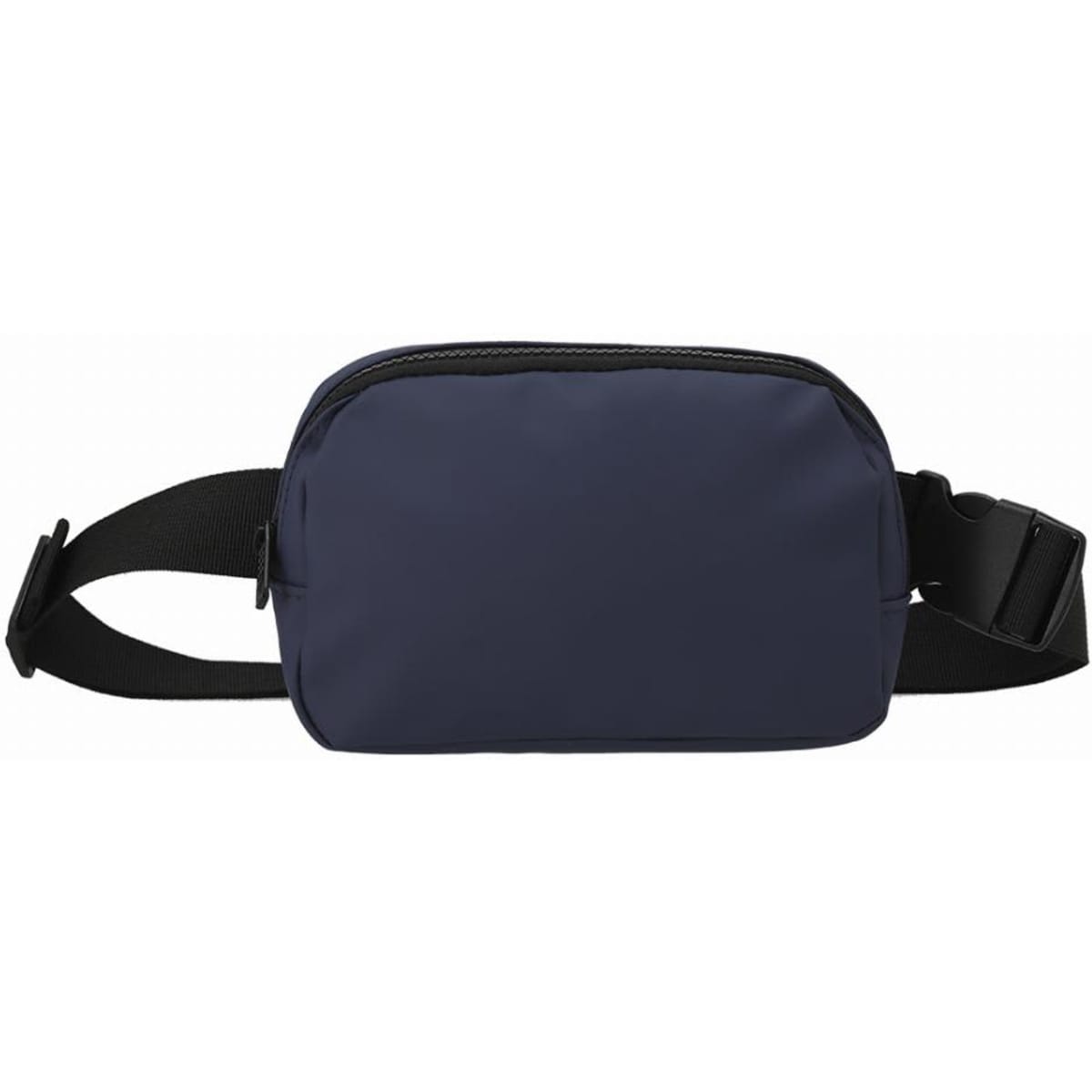 A navy blue waist bag with a zipper closure and an adjustable strap. It features a logo on the front.