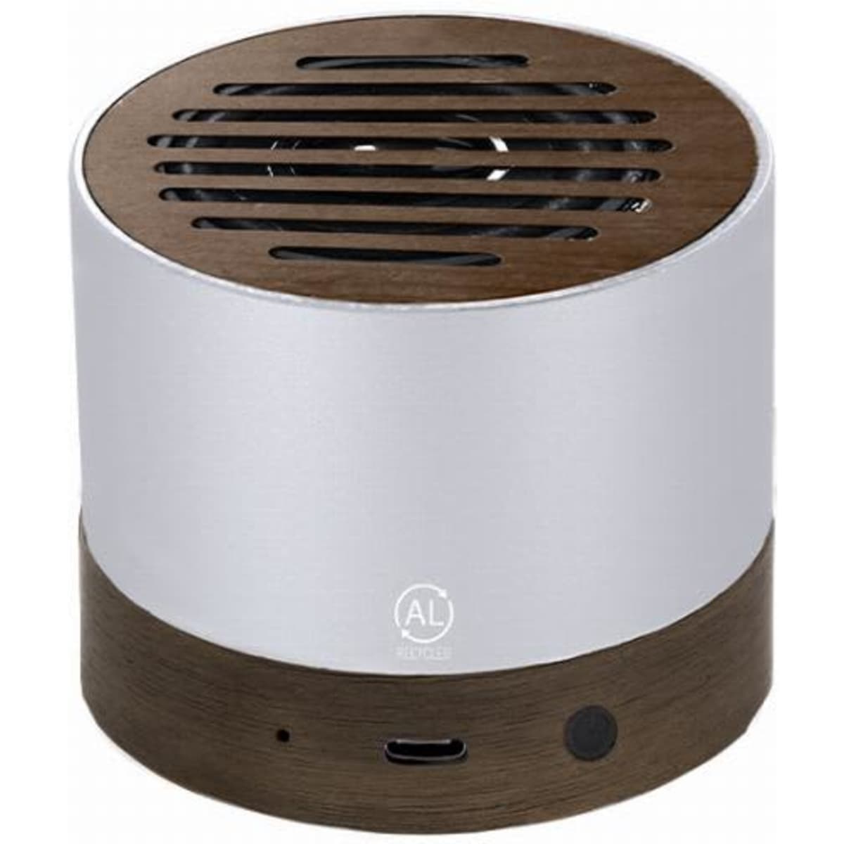 A portable speaker with a silver top and wooden base, featuring a logo and a speaker grille for sound projection.
