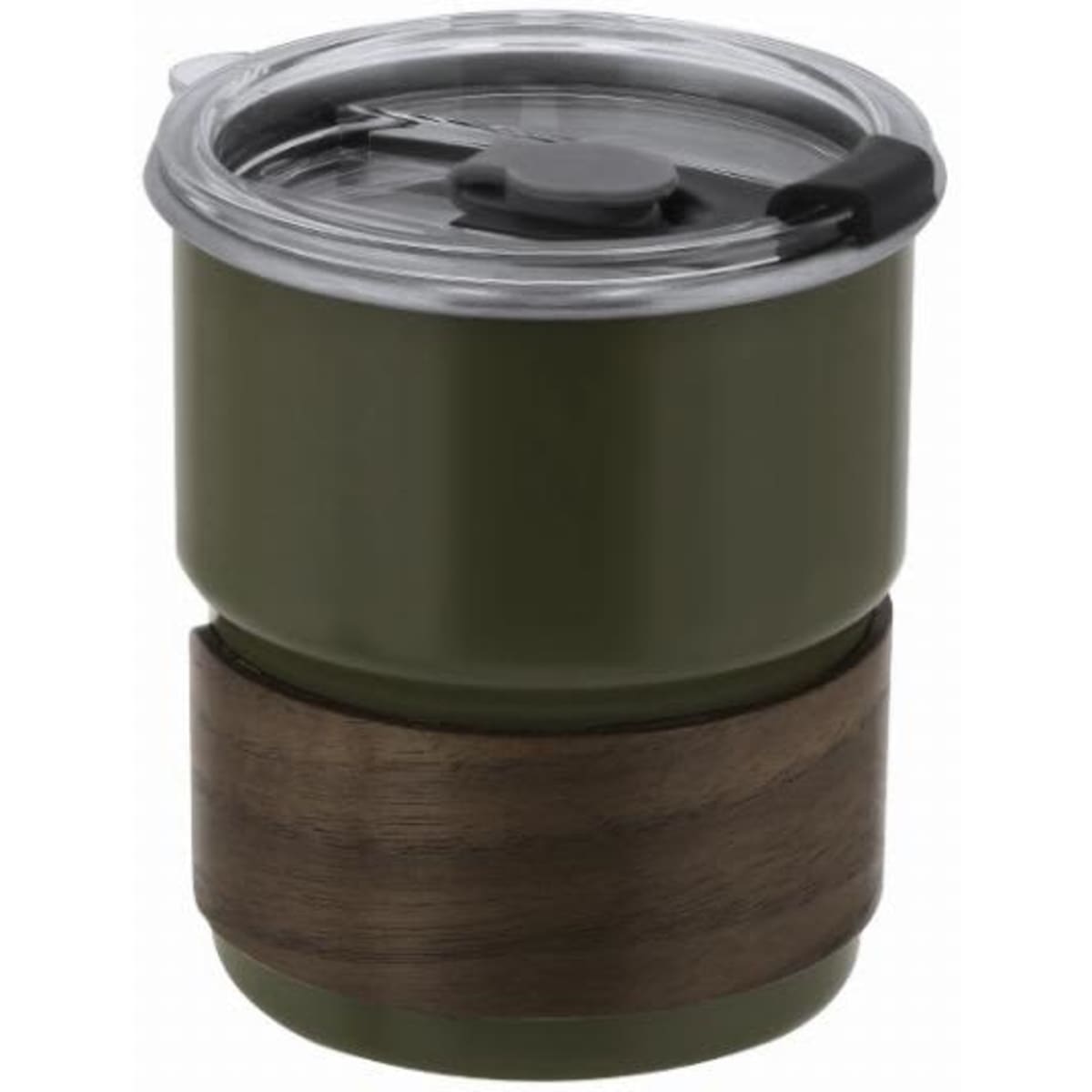 A drink bottle featuring an olive green body, a clear lid, and a wooden base. It has a logo on the side.