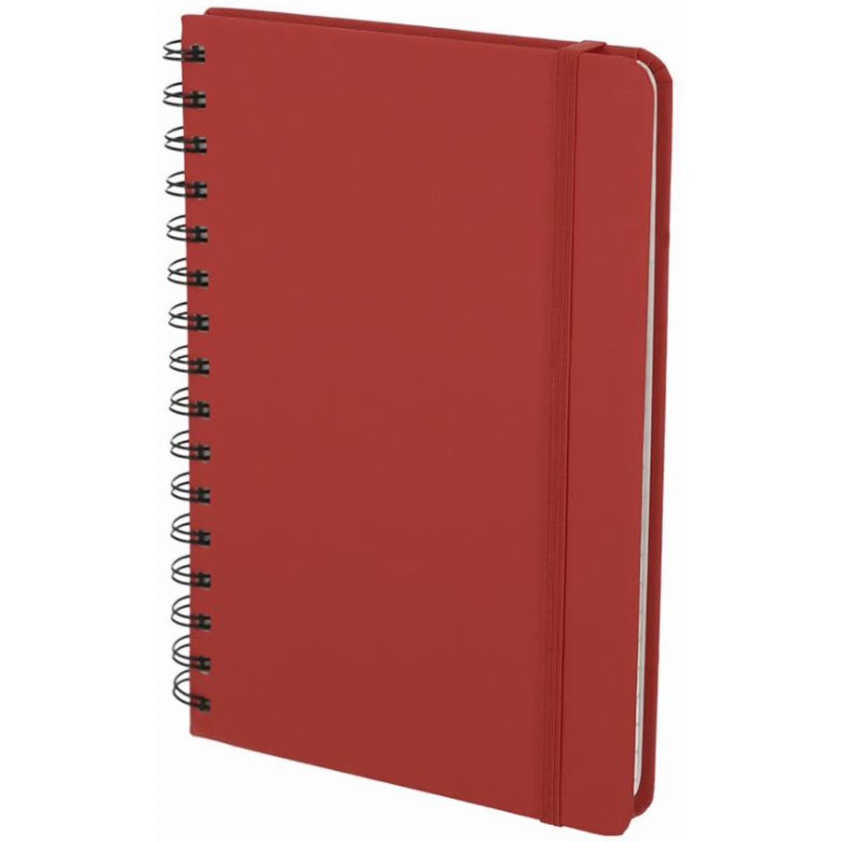 A red spiral-bound notebook with a plain cover and an elastic band for closure.
