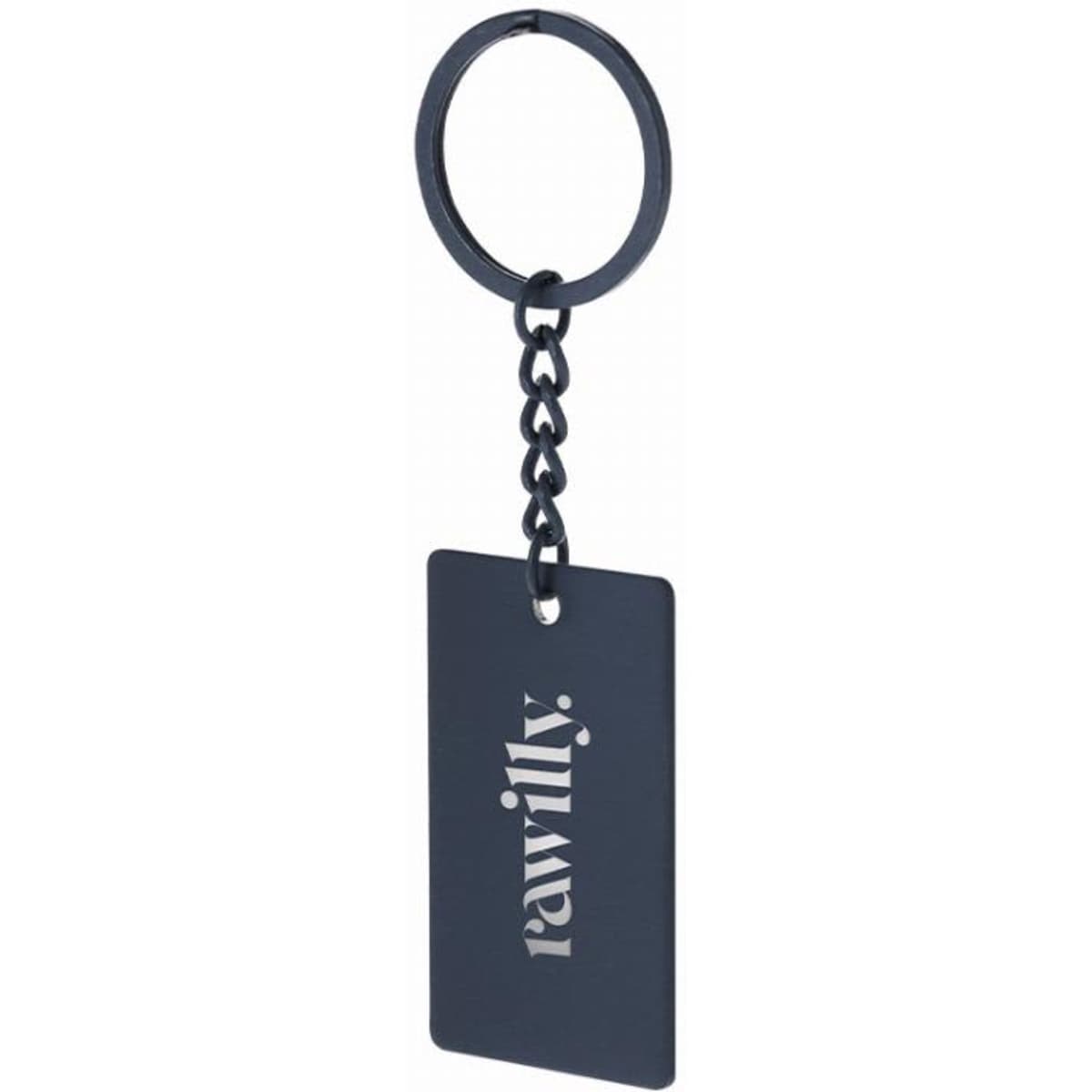 A keyring featuring a rectangular tag in a dark colour with a chain attachment and a logo.