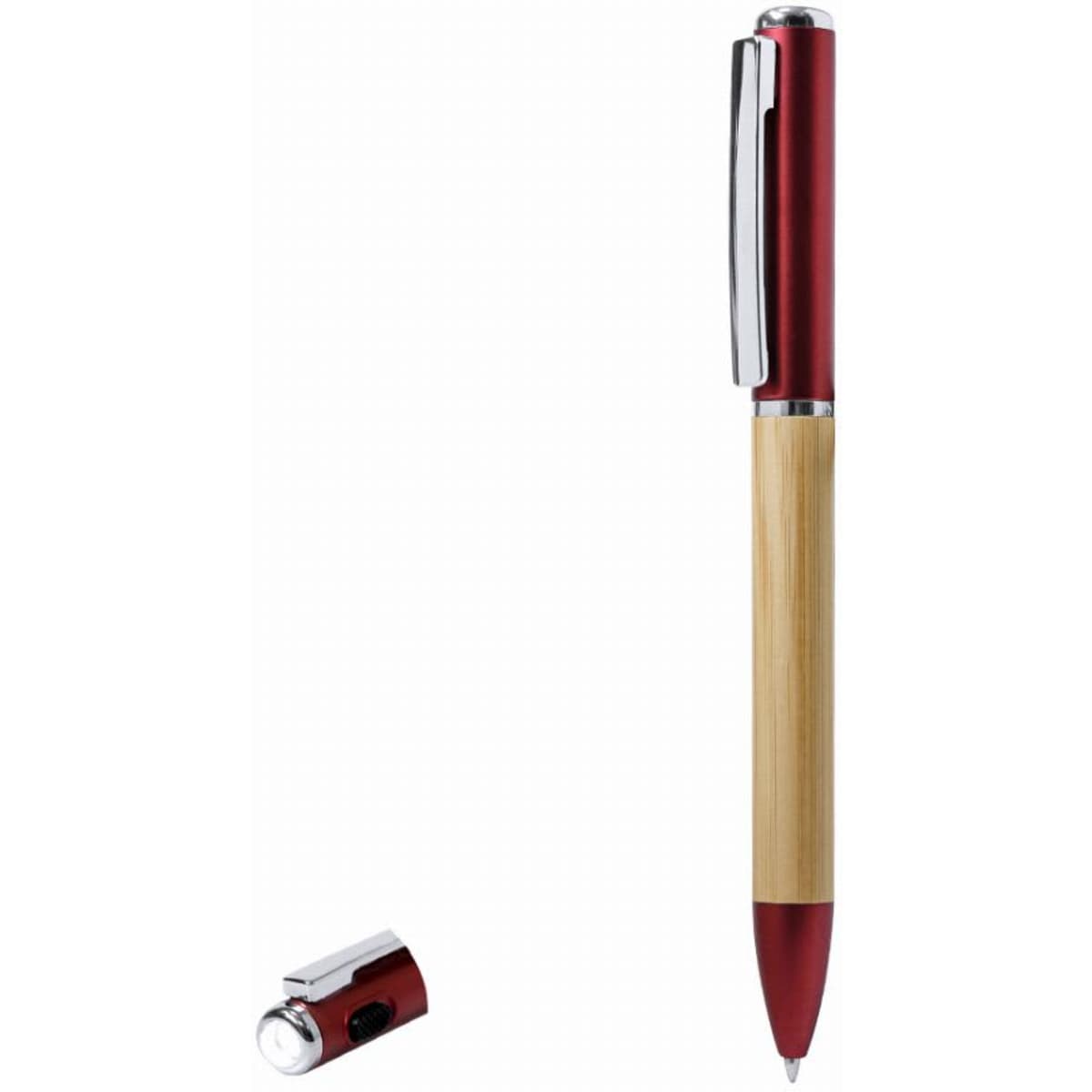 A pen with a red barrel and bamboo grip, featuring a silver clip and a removable cap.