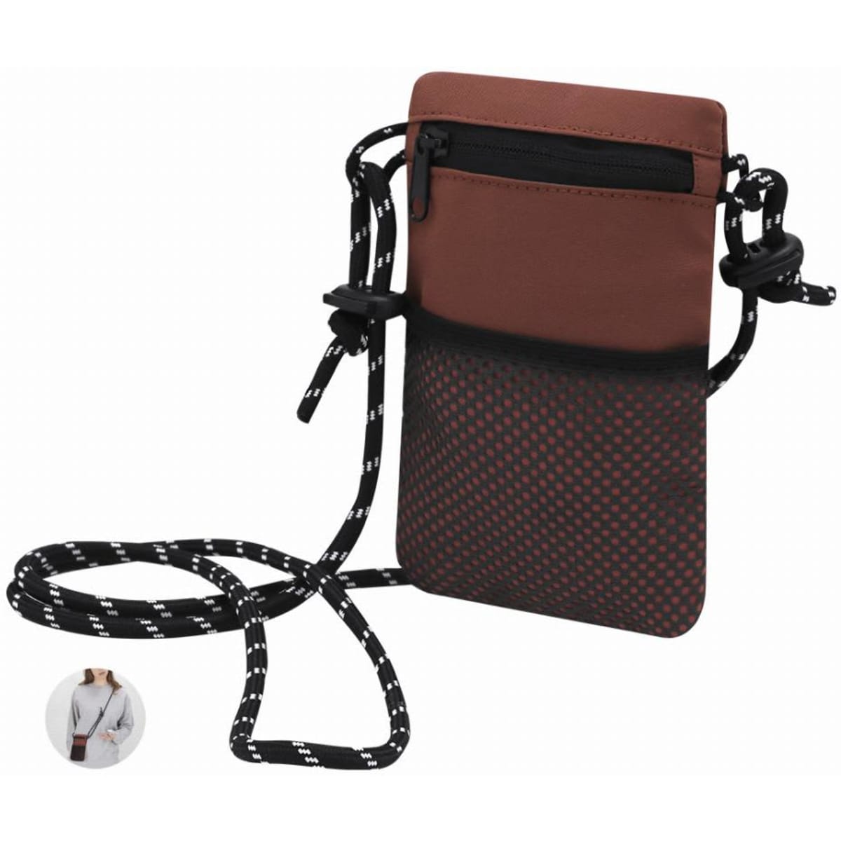A crossbody phone pouch in brown and black with a patterned design and a detachable strap. It has a zippered pocket.