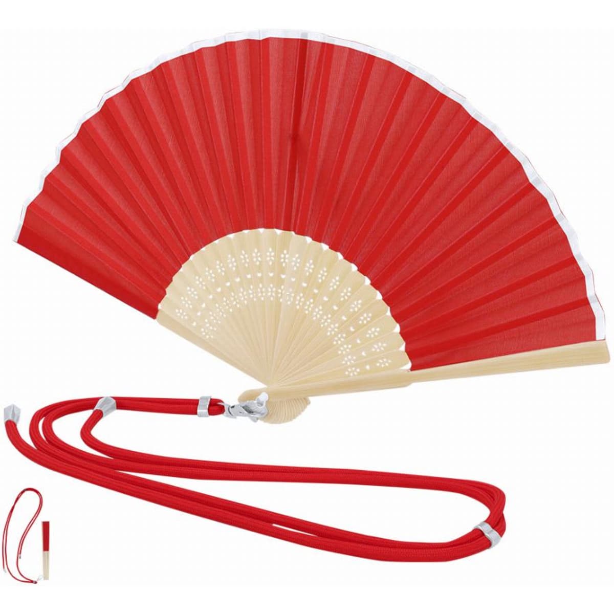 A red fan with a cream handle, featuring a decorative design, accompanied by a matching red strap.