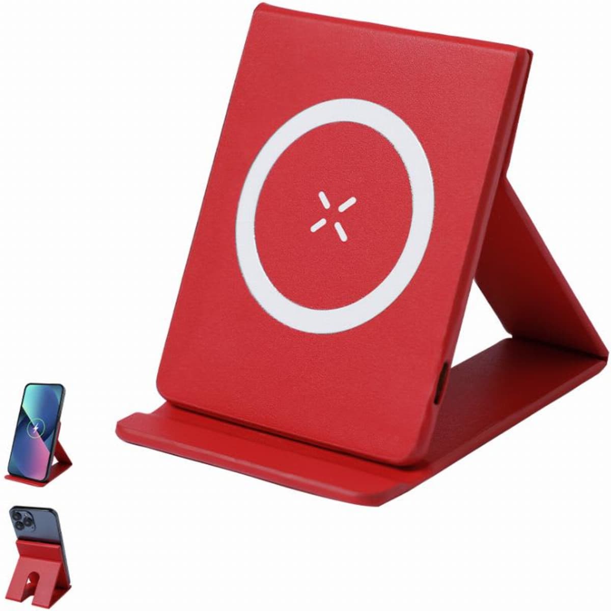 A red phone stand with a circular logo, featuring a foldable design to hold devices upright.